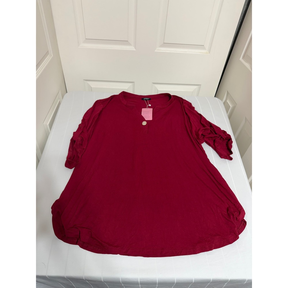 Lienridy Womens 4X Burgundy Red Roll Tab Sleeve Henley Tunic Blouse New